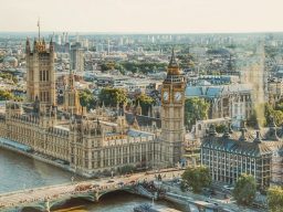 View of the Houses of Parliament and Big Ben beside the River Thames in London.
